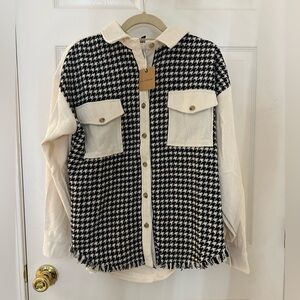 Cream & Black Houndstooth Button-Front Shirt Jacket